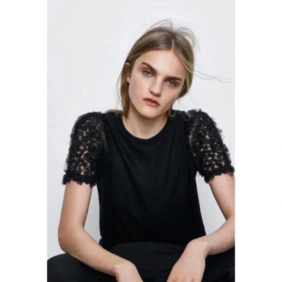 EUC Zara black tulle accented statement sleeve knit-like sweater top, S - Picture 1 of 13
